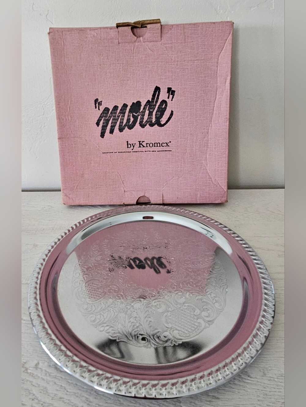 Vintage Kromex Round Serving Platter Chrome 13" Mid Century w/Original Box